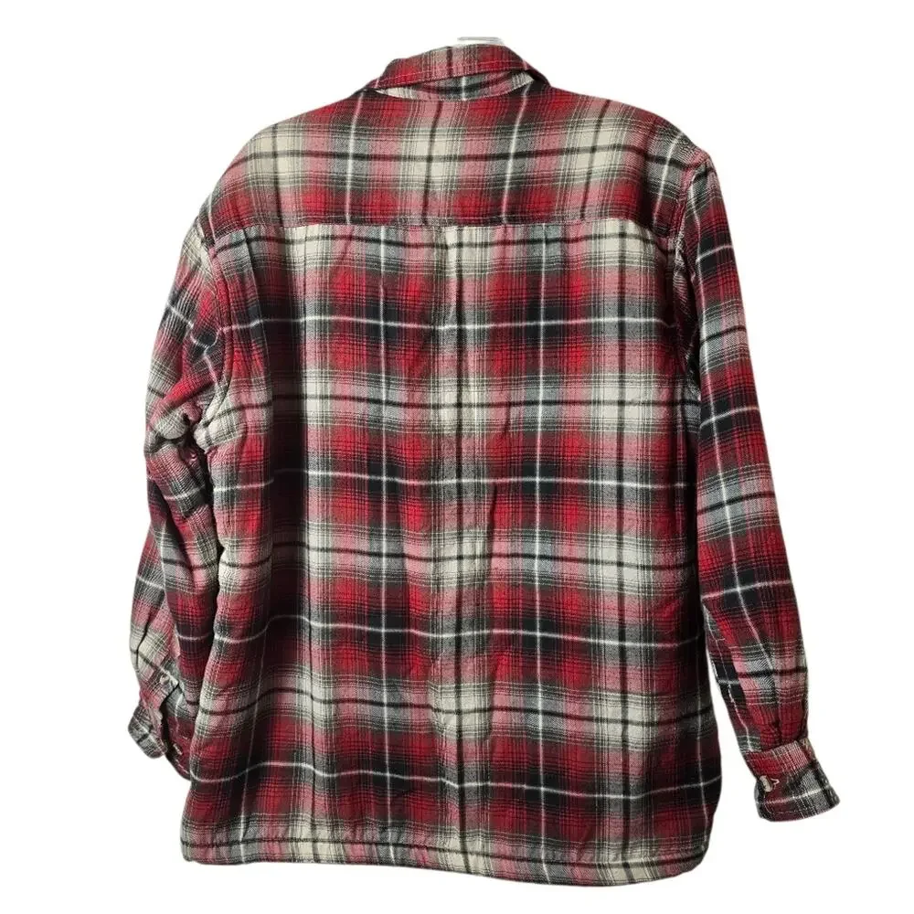 Vintage 80s Red Plaid Sherpa Lined Quilted Shacket Jacket Men's Outdoor Chore L